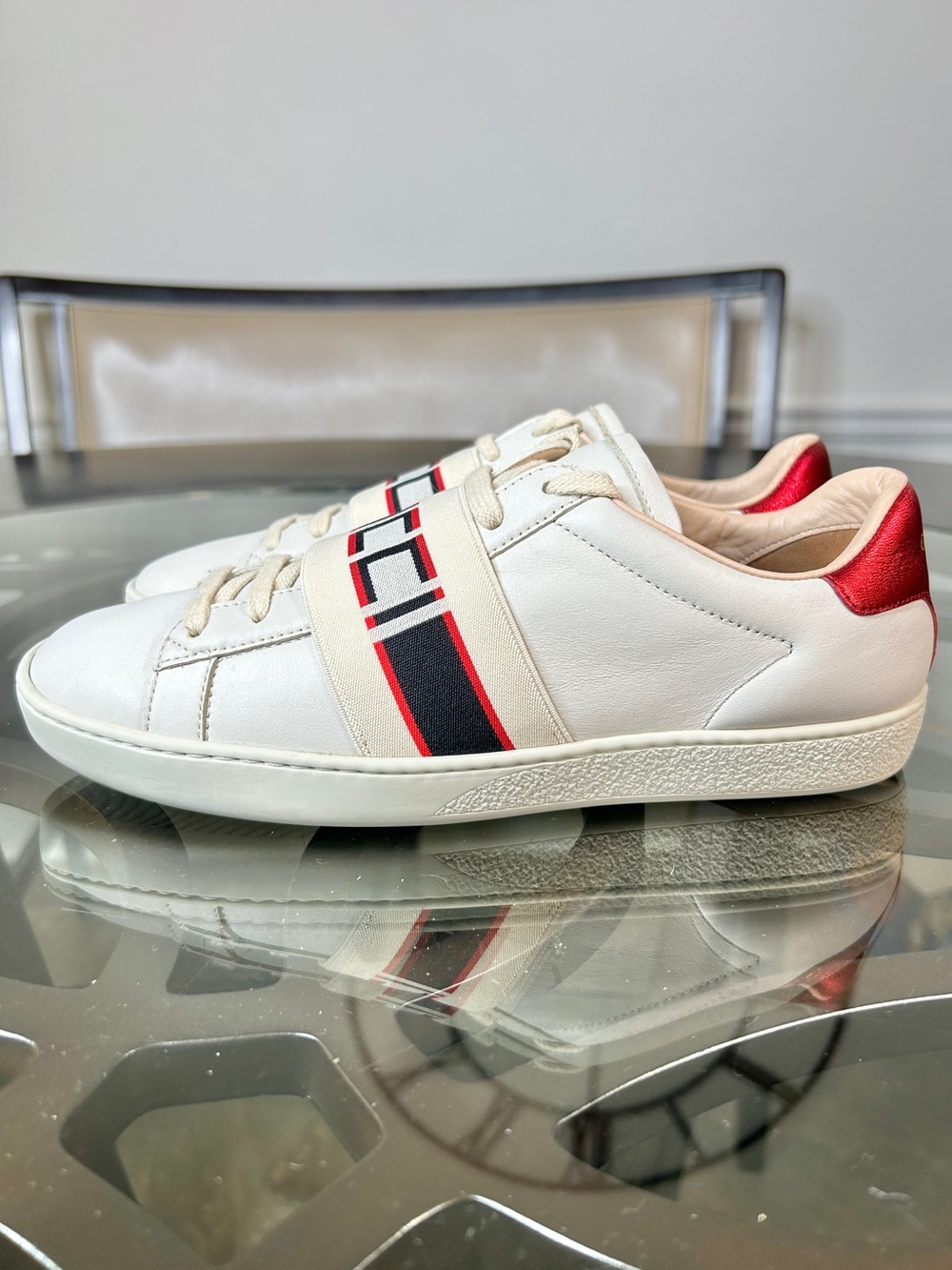 Gucci Ace Elastic Band Logo White Leather Metallic Red Heel Sneaker Women Size 8
